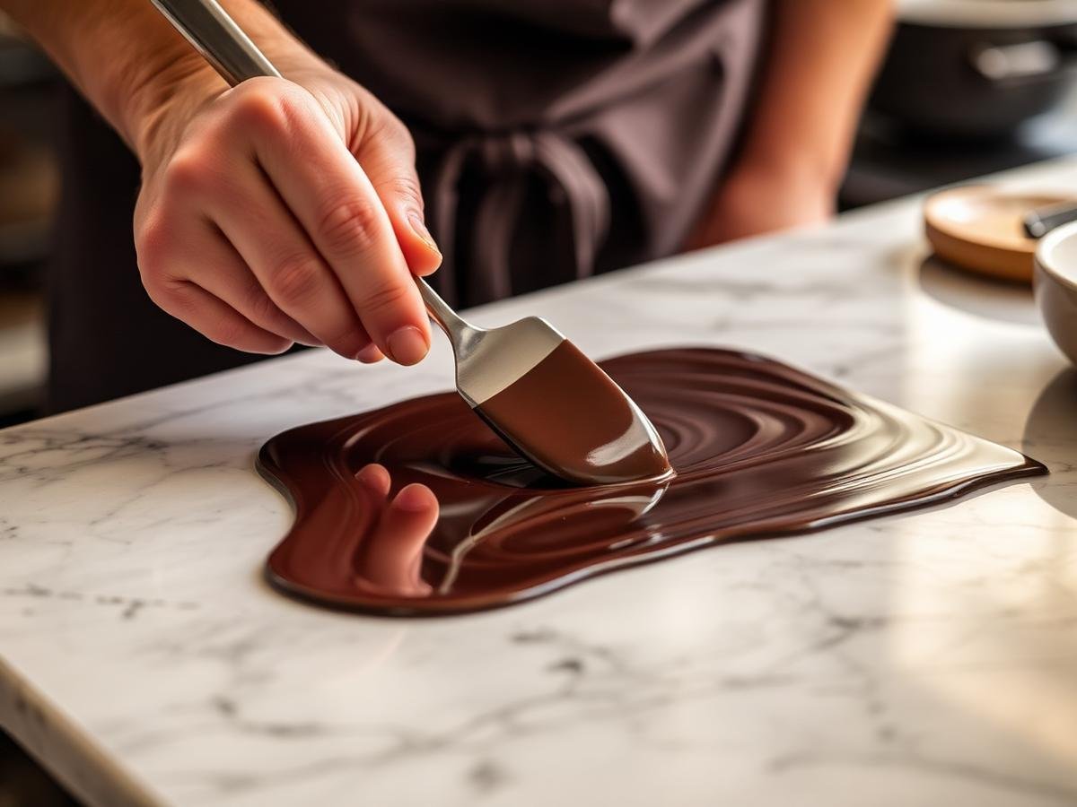 Chocolatier tempering chocolate on marble