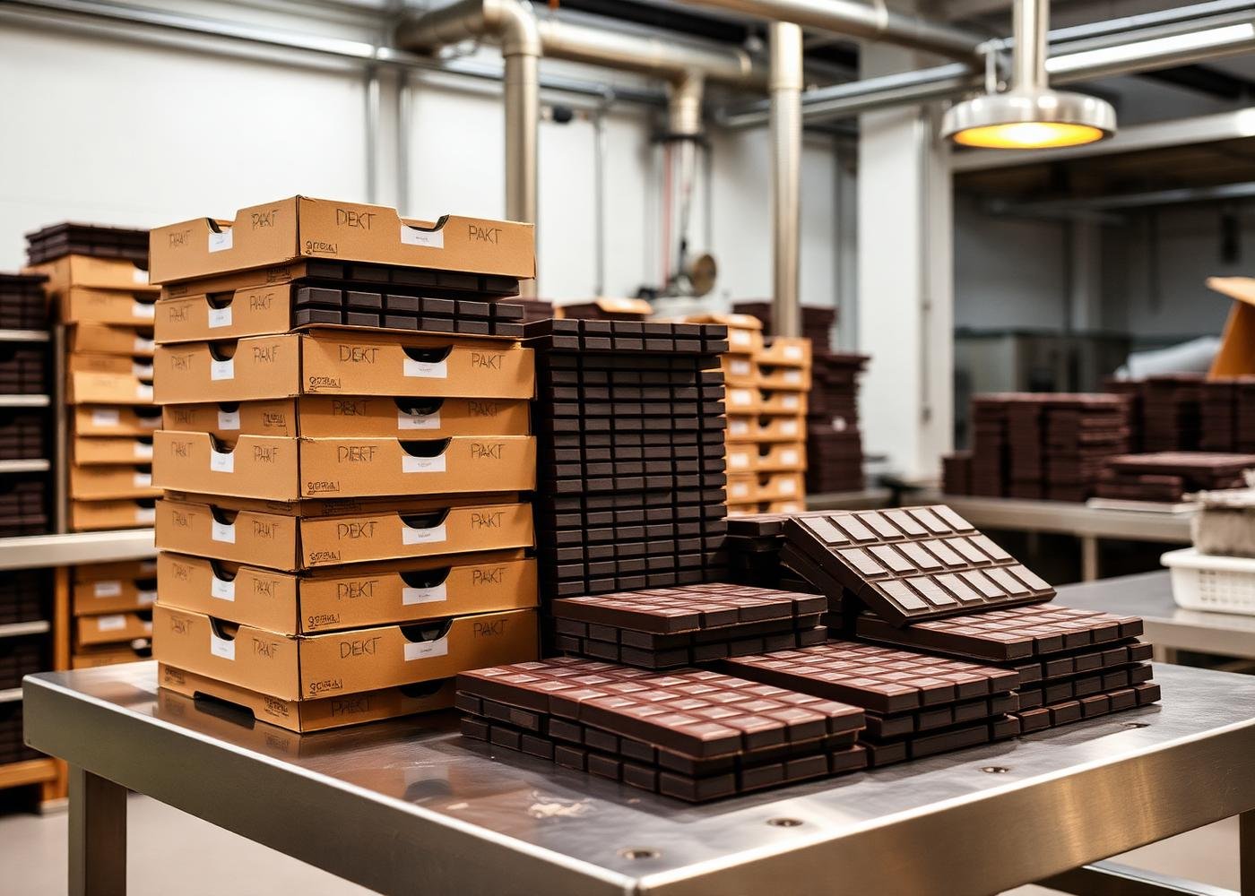 Bulk chocolate slabs and wholesale cartons in the Ecao facility