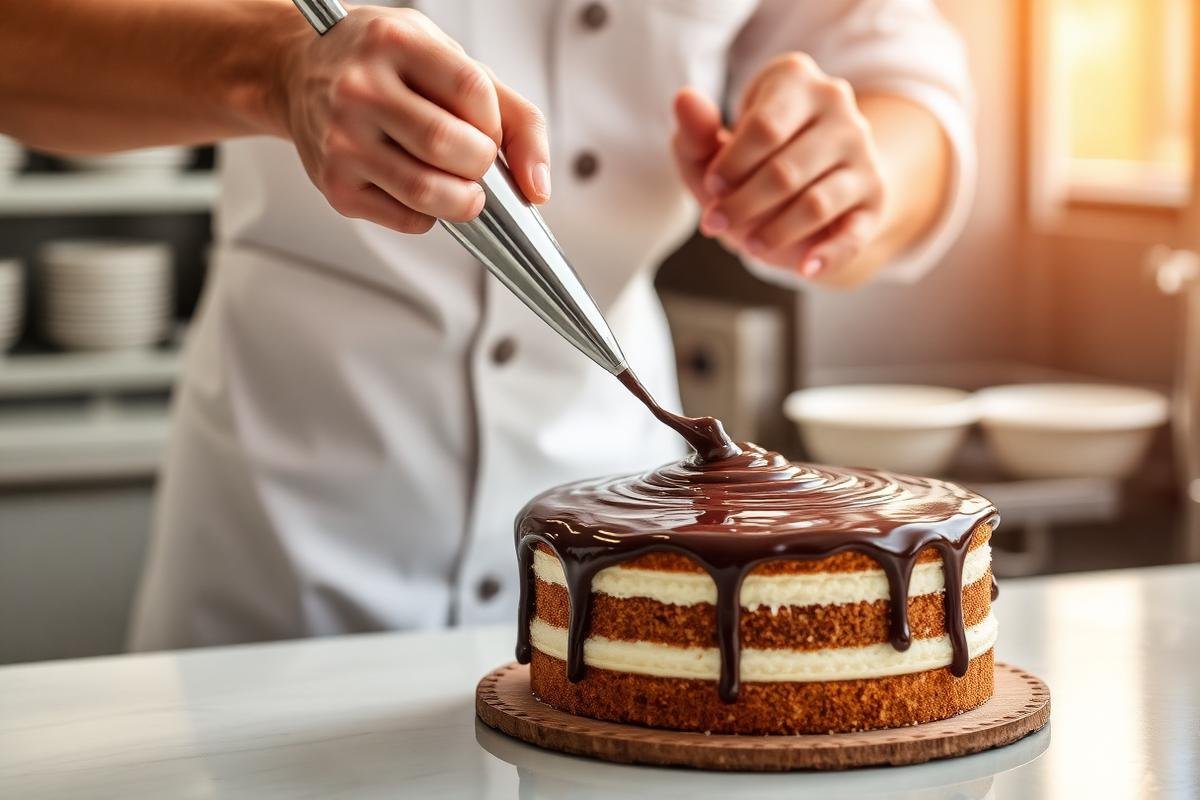 Ganache being poured over a cake